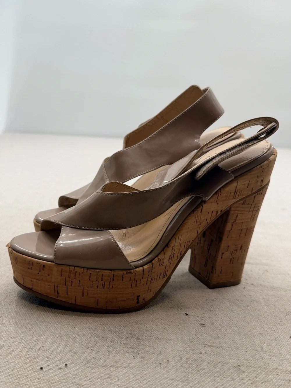 Calvin Klein Neutral Patent Cork Platform Sandals